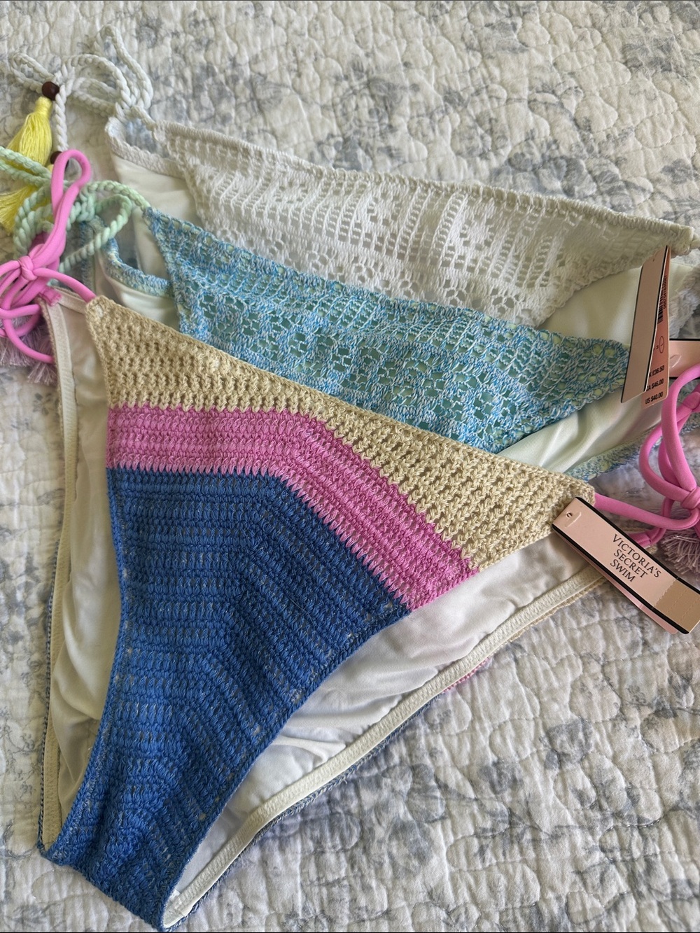 Lot 3 Victoria's Secret Crochet Bikini Bottoms in Blue, Pink & Cream Large NWT